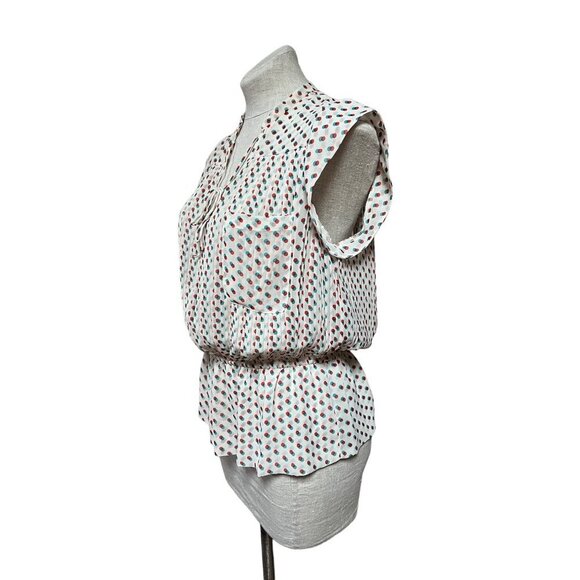 Isani Venn Peplum Top Mod Op Art Multi-dot Sheer Blouse Beige Retro 60s - Picture 4 of 11